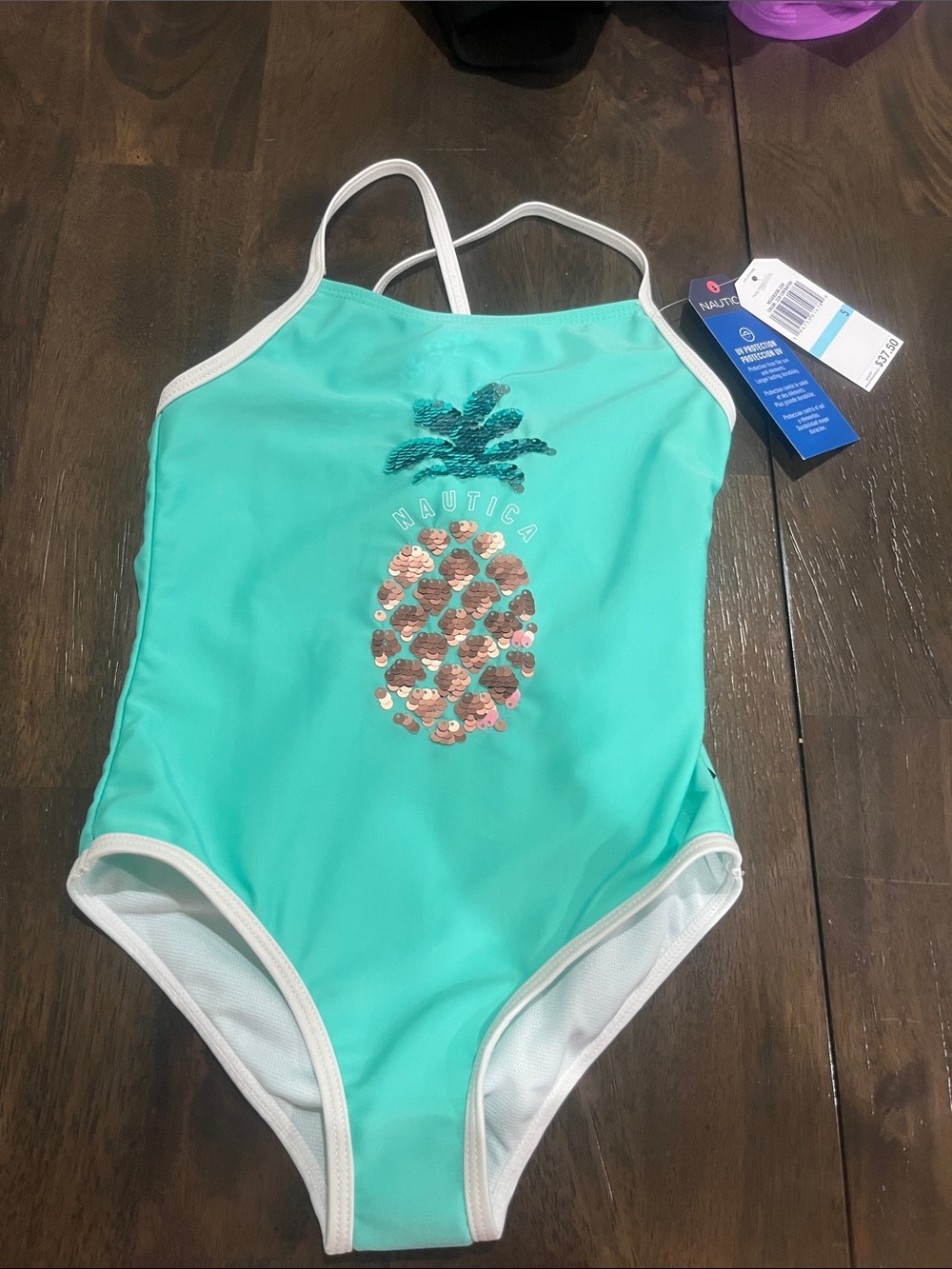 Nautica Girls' Teal One-Piece Swimsuit with Sequin Pineapple Size 5 NWT